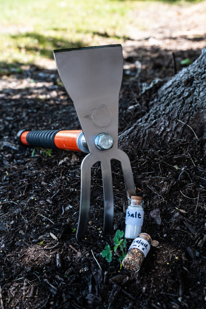 Garden hand cultivator and hoe.